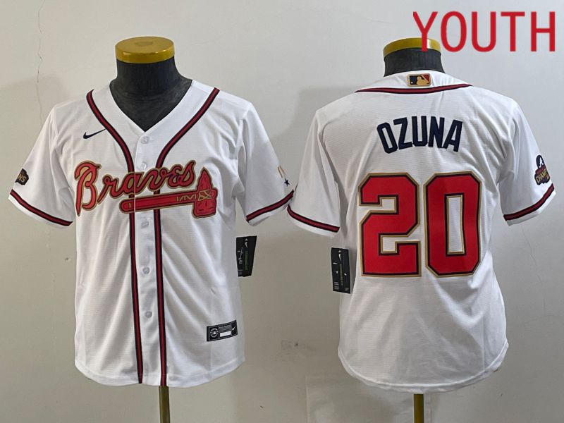 Youth Atlanta Braves 20 Ozuna White gold Champion 2024 Nike MLB Jersey style 1